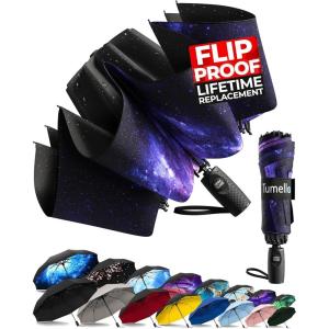 imageTUMELLA Flipproof Inverted Travel Umbrella Small Strong but Light Portable and Automatic Reverse Folding Rain Umbrella Durable Premium Grip Fits Car ampamp BackpackI Milky Way