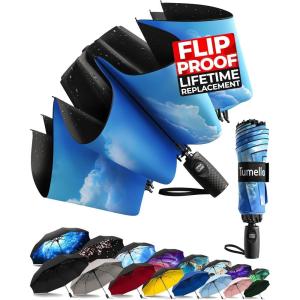 imageTUMELLA Flipproof Inverted Travel Umbrella Small Strong but Light Portable and Automatic Reverse Folding Rain Umbrella Durable Premium Grip Fits Car ampamp BackpackE Blue Skies