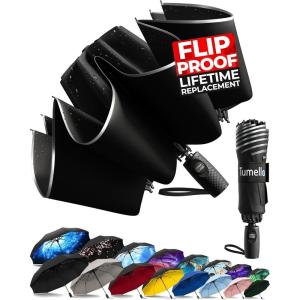 imageTUMELLA Flipproof Inverted Travel Umbrella Small Strong but Light Portable and Automatic Reverse Folding Rain Umbrella Durable Premium Grip Fits Car ampamp BackpackB Black Reflective