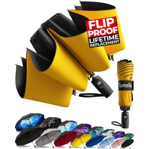 imageTUMELLA Flipproof Inverted Travel Umbrella Small Strong but Light Portable and Automatic Reverse Folding Rain Umbrella Durable Premium Grip Fits Car ampamp BackpackO Yellow Black