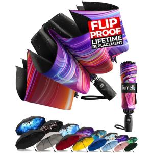 imageTUMELLA Flipproof Inverted Travel Umbrella Small Strong but Light Portable and Automatic Reverse Folding Rain Umbrella Durable Premium Grip Fits Car ampamp BackpackN Luminous
