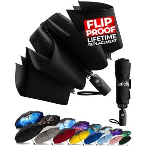 imageTUMELLA Flipproof Inverted Travel Umbrella Small Strong but Light Portable and Automatic Reverse Folding Rain Umbrella Durable Premium Grip Fits Car ampamp BackpackA Black