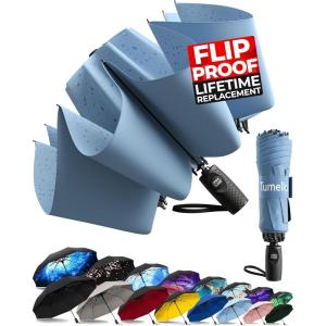 imageTUMELLA Flipproof Inverted Travel Umbrella Small Strong but Light Portable and Automatic Reverse Folding Rain Umbrella Durable Premium Grip Fits Car ampamp BackpackM Light Blue
