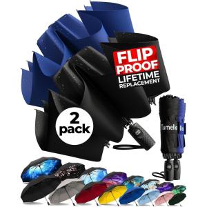 imageTUMELLA Flipproof Inverted Travel Umbrella Small Strong but Light Portable and Automatic Reverse Folding Rain Umbrella Durable Premium Grip Fits Car ampamp BackpackJ Bundle Black  Navy Blue