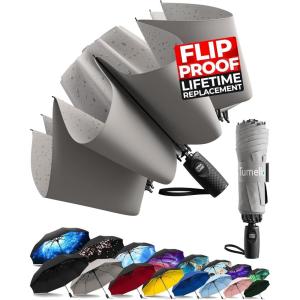 imageTUMELLA Flipproof Inverted Travel Umbrella Small Strong but Light Portable and Automatic Reverse Folding Rain Umbrella Durable Premium Grip Fits Car ampamp BackpackH Gray