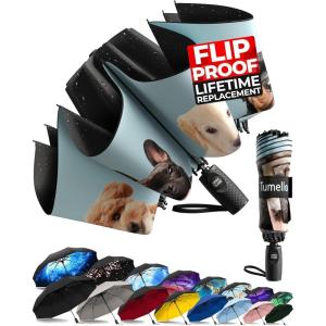 imageTUMELLA Flipproof Inverted Travel Umbrella Small Strong but Light Portable and Automatic Reverse Folding Rain Umbrella Durable Premium Grip Fits Car ampamp BackpackL Puppies
