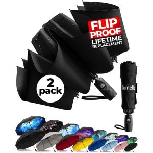 imageTUMELLA Flipproof Inverted Travel Umbrella Small Strong but Light Portable and Automatic Reverse Folding Rain Umbrella Durable Premium Grip Fits Car ampamp BackpackK Bundle Black  Black