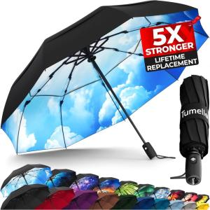 imageTUMELLA Strongest Windproof Travel Umbrella Compact Superior ampamp Beautiful Small Strong but Light Portable and Automatic Folding Rain Umbrella Durable Premium Grip Fits Car ampamp Backpack1pack Blue Skies