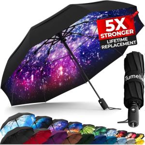 imageTUMELLA Strongest Windproof Travel Umbrella Compact Superior ampamp Beautiful Small Strong but Light Portable and Automatic Folding Rain Umbrella Durable Premium Grip Fits Car ampamp Backpack1pack Interstellar