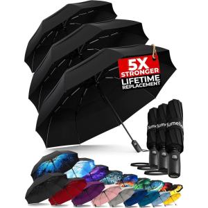 imageTUMELLA Strongest Windproof Travel Umbrella Compact Superior ampamp Beautiful Small Strong but Light Portable and Automatic Folding Rain Umbrella Durable Premium Grip Fits Car ampamp Backpack3pack Black