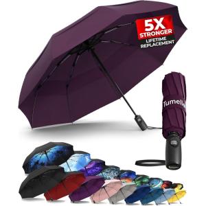 imageTUMELLA Strongest Windproof Travel Umbrella Compact Superior ampamp Beautiful Small Strong but Light Portable and Automatic Folding Rain Umbrella Durable Premium Grip Fits Car ampamp BackpackDeep Purple
