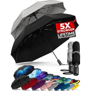 imageTUMELLA Strongest Windproof Travel Umbrella Compact Superior ampamp Beautiful Small Strong but Light Portable and Automatic Folding Rain Umbrella Durable Premium Grip Fits Car ampamp BackpackBlack  Gray 2pack