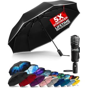 imageTUMELLA Strongest Windproof Travel Umbrella Compact Superior ampamp Beautiful Small Strong but Light Portable and Automatic Folding Rain Umbrella Durable Premium Grip Fits Car ampamp BackpackBlack Reflective