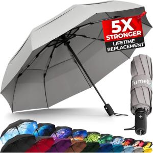 imageTUMELLA Strongest Windproof Travel Umbrella Compact Superior ampamp Beautiful Small Strong but Light Portable and Automatic Folding Rain Umbrella Durable Premium Grip Fits Car ampamp Backpack1pack Light Gray