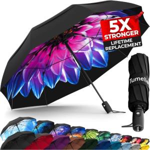 imageTUMELLA Strongest Windproof Travel Umbrella Compact Superior ampamp Beautiful Small Strong but Light Portable and Automatic Folding Rain Umbrella Durable Premium Grip Fits Car ampamp Backpack1pack Purple Dahlia
