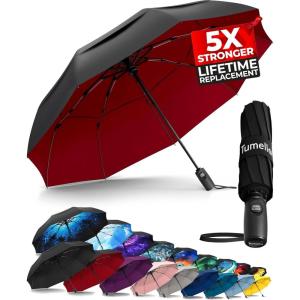 imageTUMELLA Strongest Windproof Travel Umbrella Compact Superior ampamp Beautiful Small Strong but Light Portable and Automatic Folding Rain Umbrella Durable Premium Grip Fits Car ampamp Backpack1pack Burgundy black  red