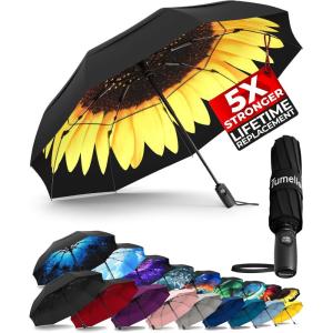 imageTUMELLA Strongest Windproof Travel Umbrella Compact Superior ampamp Beautiful Small Strong but Light Portable and Automatic Folding Rain Umbrella Durable Premium Grip Fits Car ampamp BackpackSunflower
