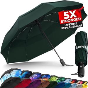 imageTUMELLA Strongest Windproof Travel Umbrella Compact Superior ampamp Beautiful Small Strong but Light Portable and Automatic Folding Rain Umbrella Durable Premium Grip Fits Car ampamp BackpackGreen