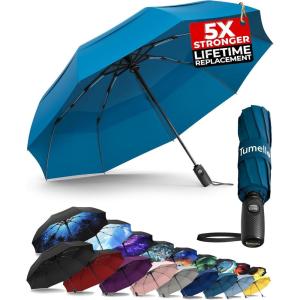 imageTUMELLA Strongest Windproof Travel Umbrella Compact Superior ampamp Beautiful Small Strong but Light Portable and Automatic Folding Rain Umbrella Durable Premium Grip Fits Car ampamp Backpack1pack Petrol