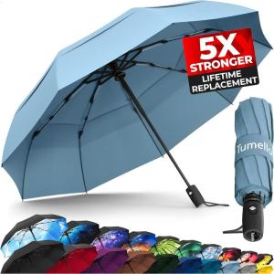 imageTUMELLA Strongest Windproof Travel Umbrella Compact Superior ampamp Beautiful Small Strong but Light Portable and Automatic Folding Rain Umbrella Durable Premium Grip Fits Car ampamp Backpack1pack Light Blue