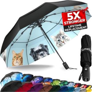 imageTUMELLA Strongest Windproof Travel Umbrella Compact Superior ampamp Beautiful Small Strong but Light Portable and Automatic Folding Rain Umbrella Durable Premium Grip Fits Car ampamp Backpack1pack Furry Friends
