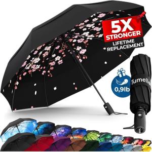 imageTUMELLA Strongest Windproof Travel Umbrella Compact Superior ampamp Beautiful Small Strong but Light Portable and Automatic Folding Rain Umbrella Durable Premium Grip Fits Car ampamp Backpack1pack Cherry Blossom