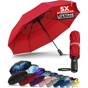 imageTUMELLA Strongest Windproof Travel Umbrella Compact Superior ampamp Beautiful Small Strong but Light Portable and Automatic Folding Rain Umbrella Durable Premium Grip Fits Car ampamp BackpackRed