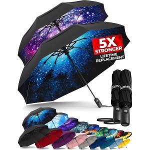 imageTUMELLA Strongest Windproof Travel Umbrella Compact Superior ampamp Beautiful Small Strong but Light Portable and Automatic Folding Rain Umbrella Durable Premium Grip Fits Car ampamp Backpack2pack Interstellar  Moonlight
